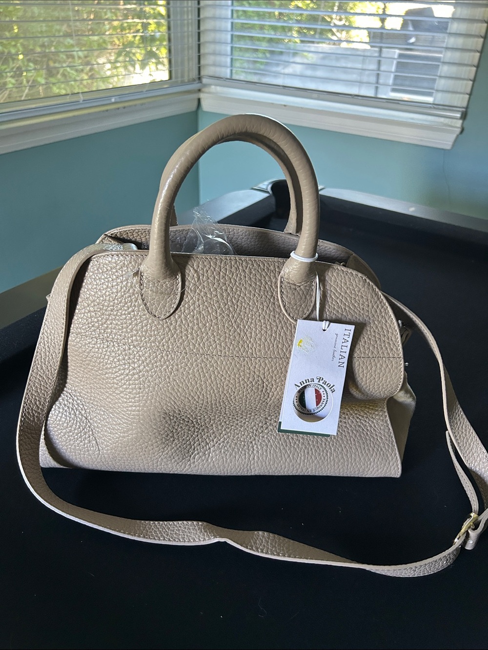 Anna Paula Taupe 100% Italian Leather Satchel with crossbody Strap
